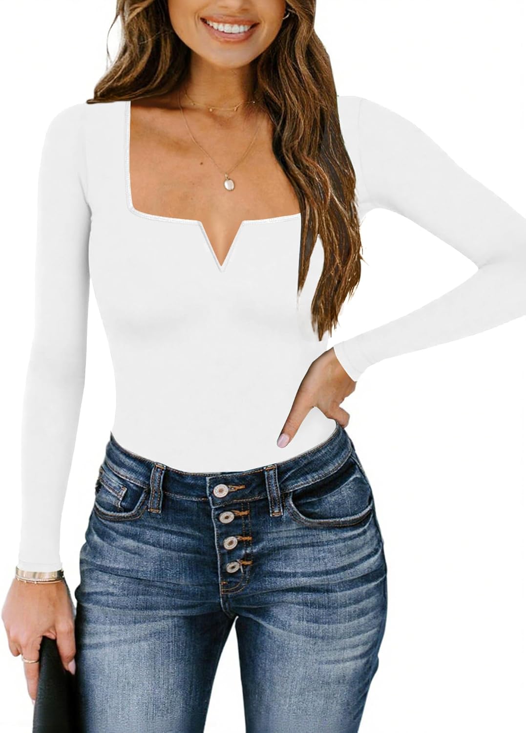 Chunpin Women's Long Sleeve Bodysuit Square Neck Notch V Neck Body Suits Double Lined Going Out Outfits Thong Bodysuits - Image 3