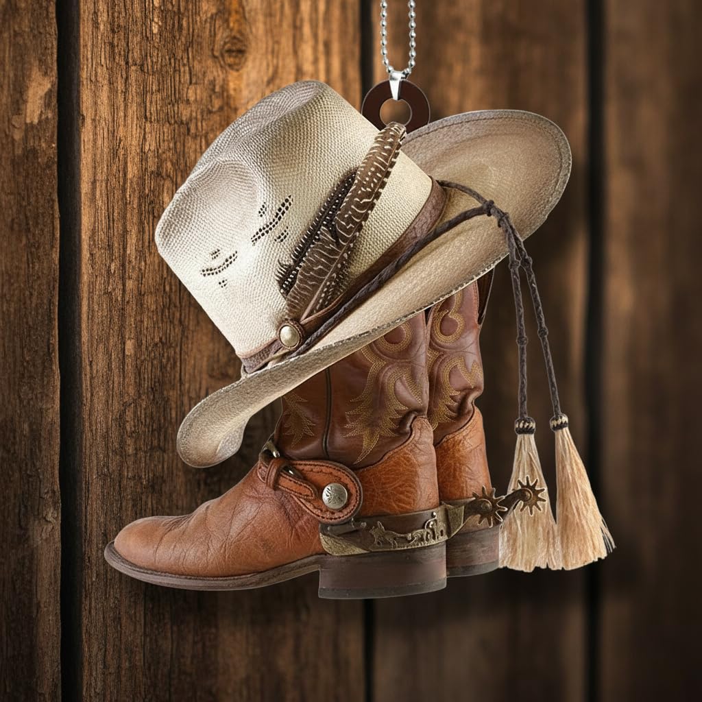 Ciondolo a forma di stivali da cowboy e cappelli da cowboy, colore marrone, in acrilico, ornamento da appendere per specchio/portachiavi