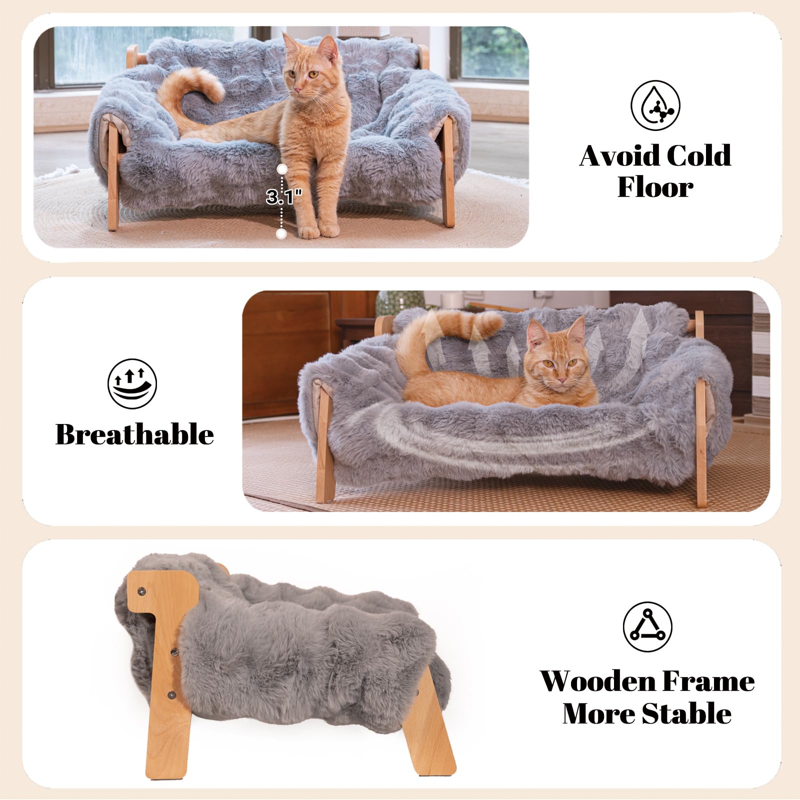 Cheerpals Amaca per gatti di grandi dimensioni – Lettino per gatti autoportante in legno di faggio contro il ribaltamento – Posto letto lavabile per interni e finestre – 70 x 47 x 30 cm, bianco/grigio