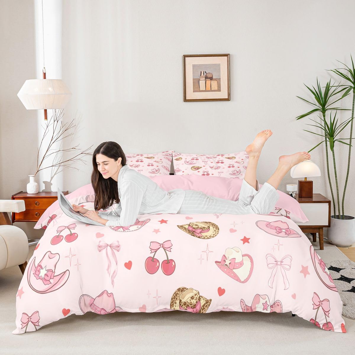 Homewish Set di biancheria da letto Kawaii con copripiumino per letto super king size, con fiocco, cowgirl western, per bambini, adolescenti, ragazze, graziosi cuori, stelle, cowboy