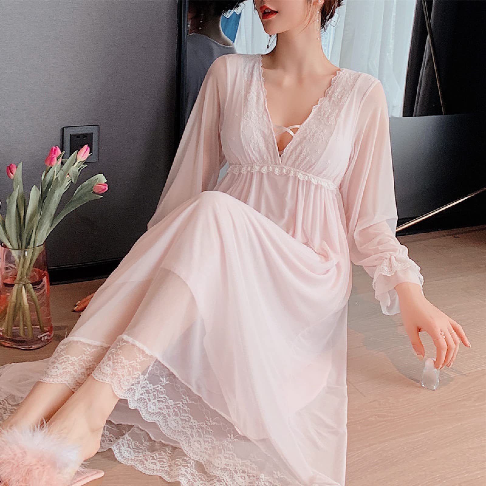 OFFSUM Camisón De Pijama De Mujer - Sexy Cuello En V Camisón De Encaje Ropa De Dormir Primavera Verano Estilo Princesa Color Sólido Camisón Malla Loungewear Vestido Casual