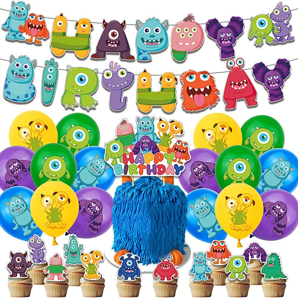30 PCS Cartoon Movie Themed Party Decoration, Monster Birthday Party Supplies Cartoon Happy Birthday Banner Cupcake Toppers Latex Balloons for Kids Birthday Baby Shower Party