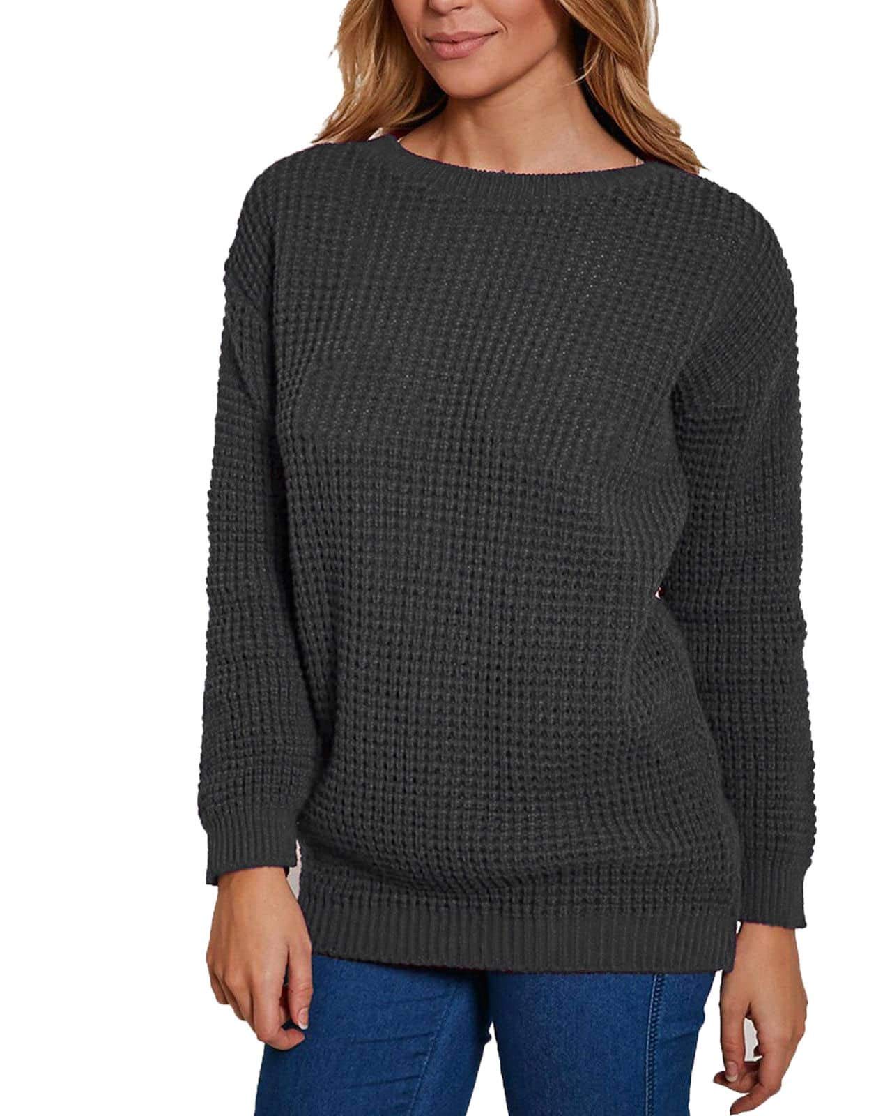 Ladies Women Knitted Long Sleeves Crew Neck Over Sized Baggy Jumper Chunky Knit Sweater Top Long Sleeves[Charcoal,LXL]