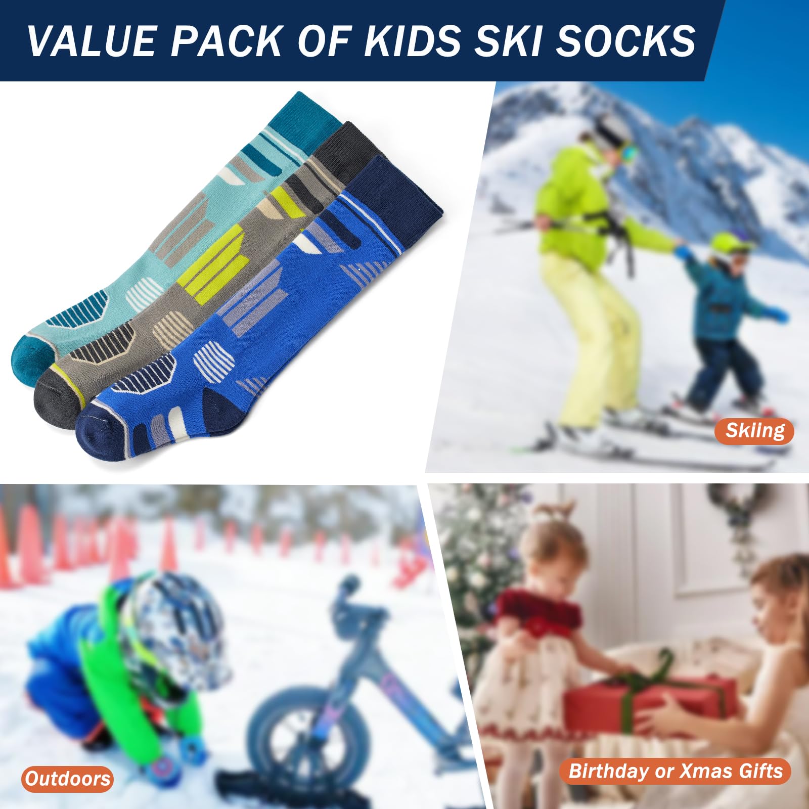 Aisyee Jungen Skisocken Kinder Winter Warme Socken Jungen Lange Socken Gemütliche Thermosocken für Jungen Multipack 3 Paar