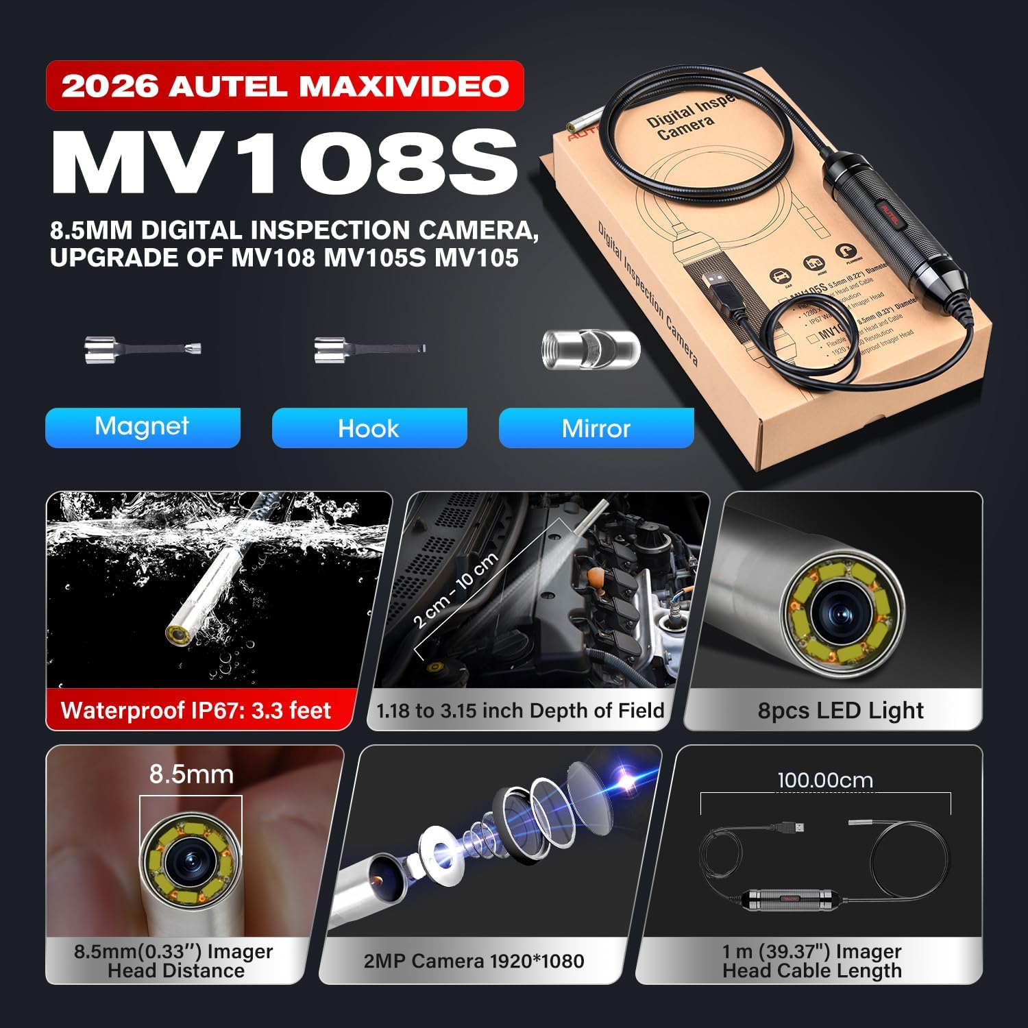 Autel MaxiVideo MV108S Digital Inspection Camera, 2MP 1920x1080, 8.5mm Ultra-Slim USB Industrial Endoscope, IP67 Borescope Snake Camera+ LED Light, Work w/Autel Scanner & P-C, up of MV108 MV105S MV105