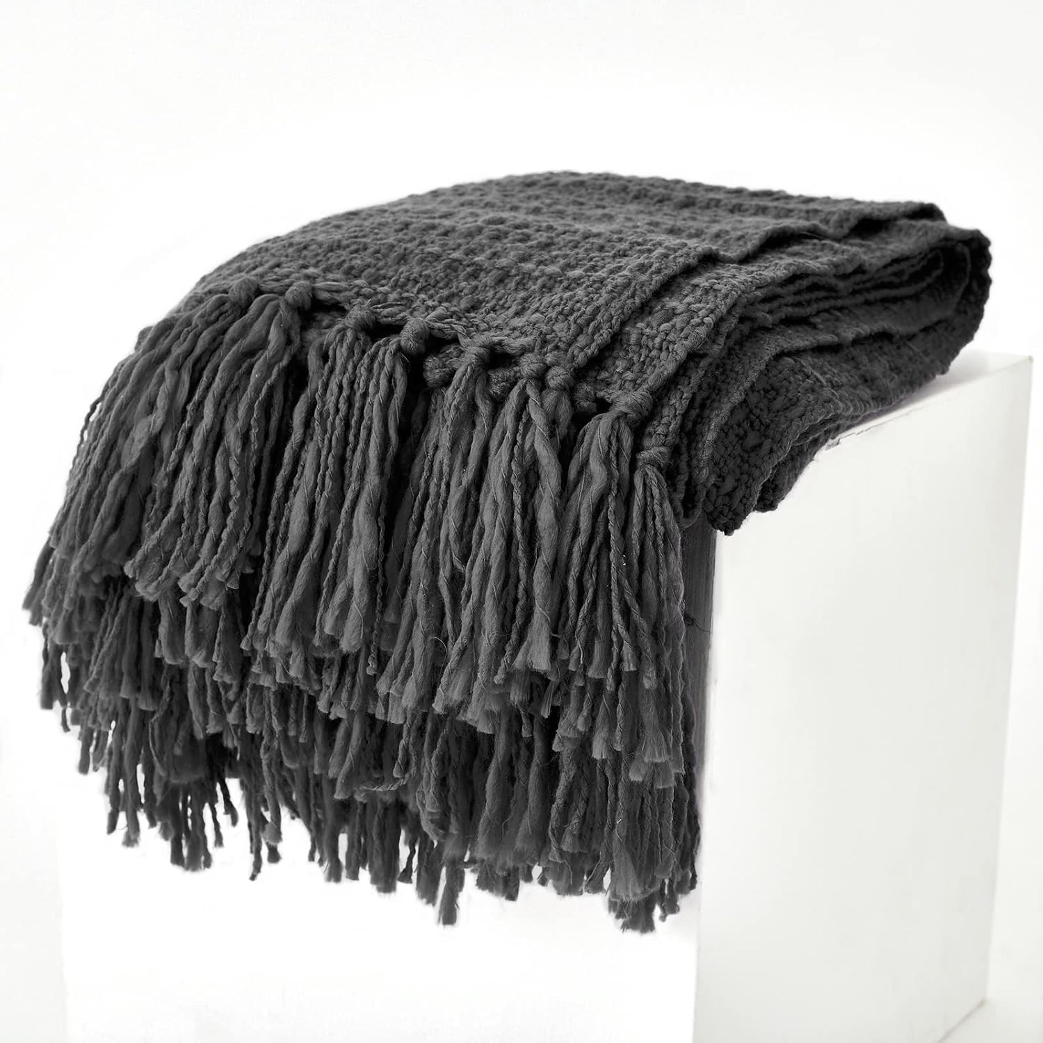 Thick Chunky Black Knitted Throw Blanket for Couch Chair Sofa Bed, Chic Boho Style Textured Basket Weave Pattern Blanket with Decorative Fringe, 60"x80"