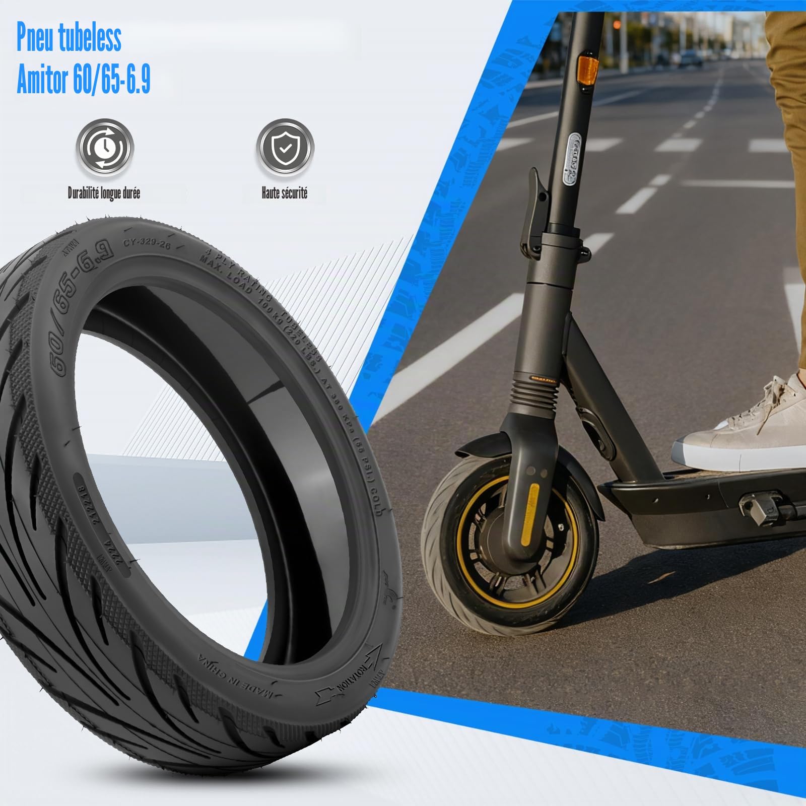Pneu Tubeless 60/65-6.9 Auto-Réparant pour Ninebot Max G2 Trottinette Electrique, Pneu Sans Chambre à Air 10 Pouces 60/65-6.9 avec Valve, Anti-Crevaison & Anti-Usure & Anti-Dérapant, 1PCS