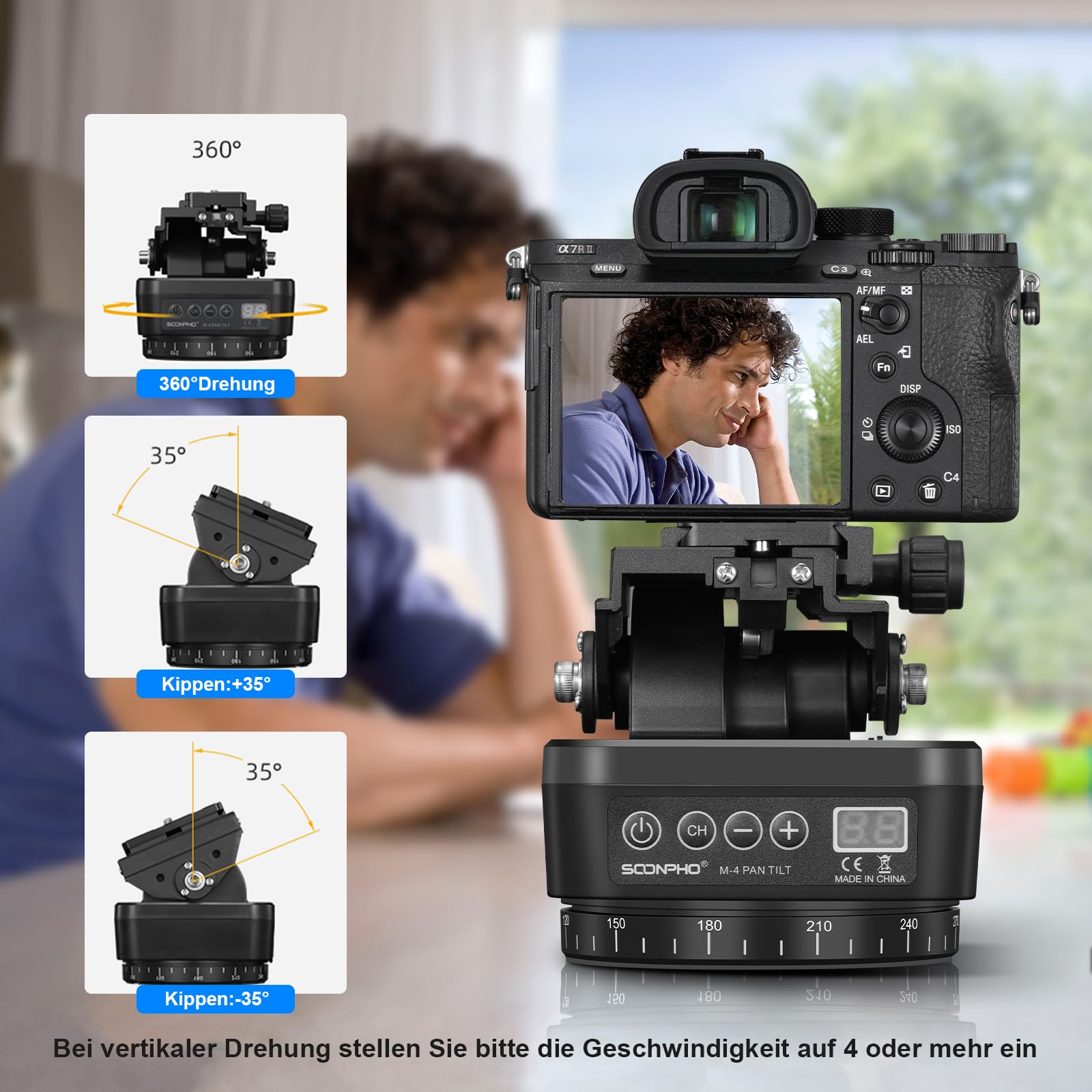 Automatisch gemotoriseerde kop - Statiefkop, gemotoriseerde camera Pan Tilt Head met afstandsbediening en mobiele telefoonclip voor telefooncamera - SLR, 360 ° horizontale rotatie