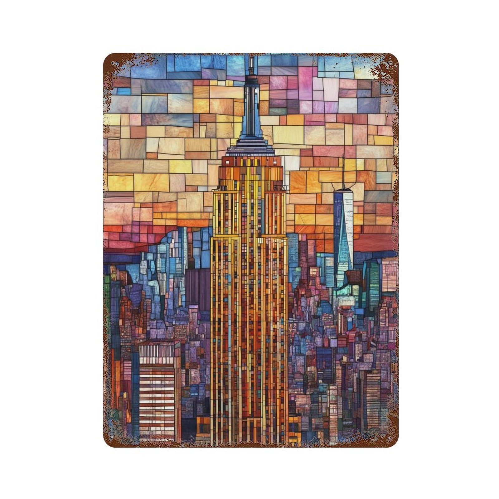 Empire State Building Stained Glass-3 Decorative Tin Sign 15.7"x11.8", Old School Wall Decor for Garage, Pub Or Kitchen