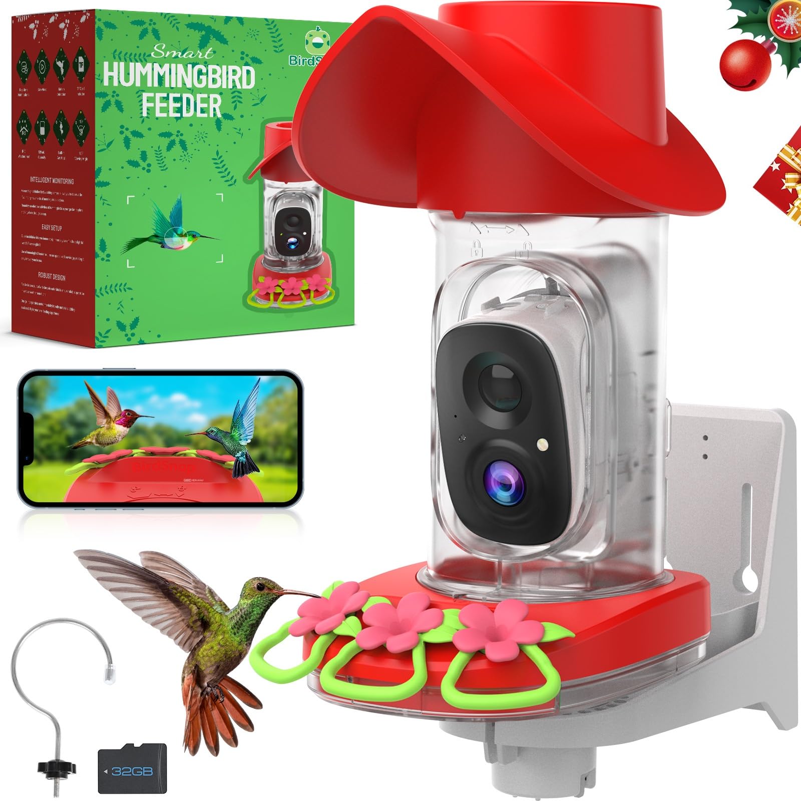H53 Hummingbird Feeder with Camera 2K Live Stream 32GB Card Ant Moat Mounting Auto Notify AI Identify Bird Feeder Camera 2.4G WiFi Wireless Outdoors Bird Watching Gift for Bir d Lover