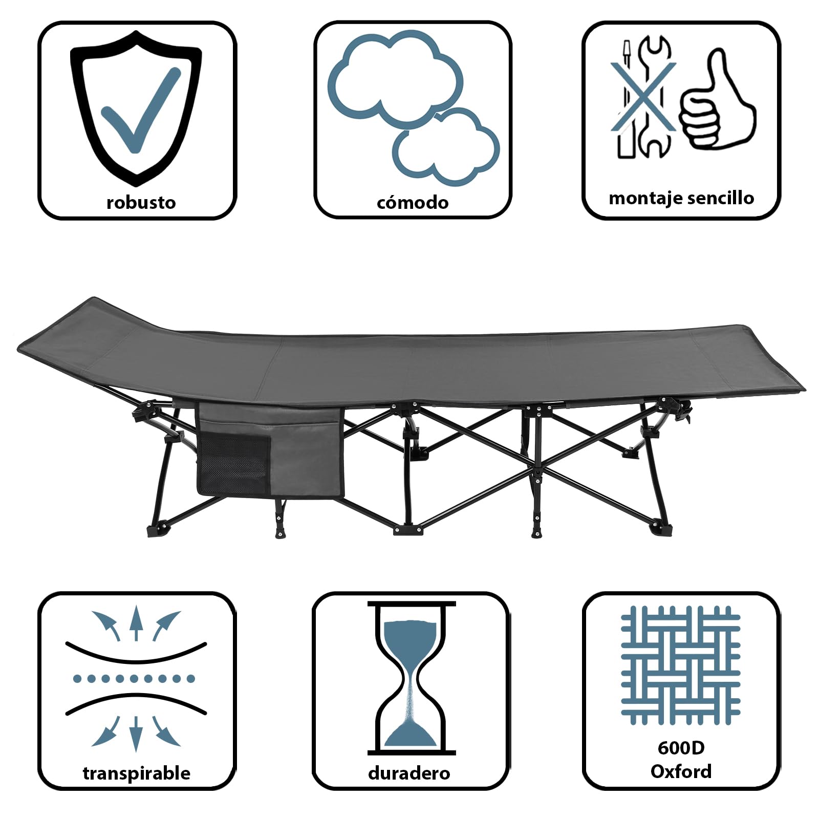 ALPIDEX Cama Camping hasta 200 kg Bolsillo Lateral Cómodo Acolchado Suave Invitados Plegable Tumbona Jardín Playa Viajar
