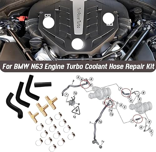 Miniatura 3 de 06-009-50005 Kit de manguera de reparación de línea de refrigerante (4 mangueras 13 abrazaderas 3 accesorios en T de latón) compatible con motor BMW