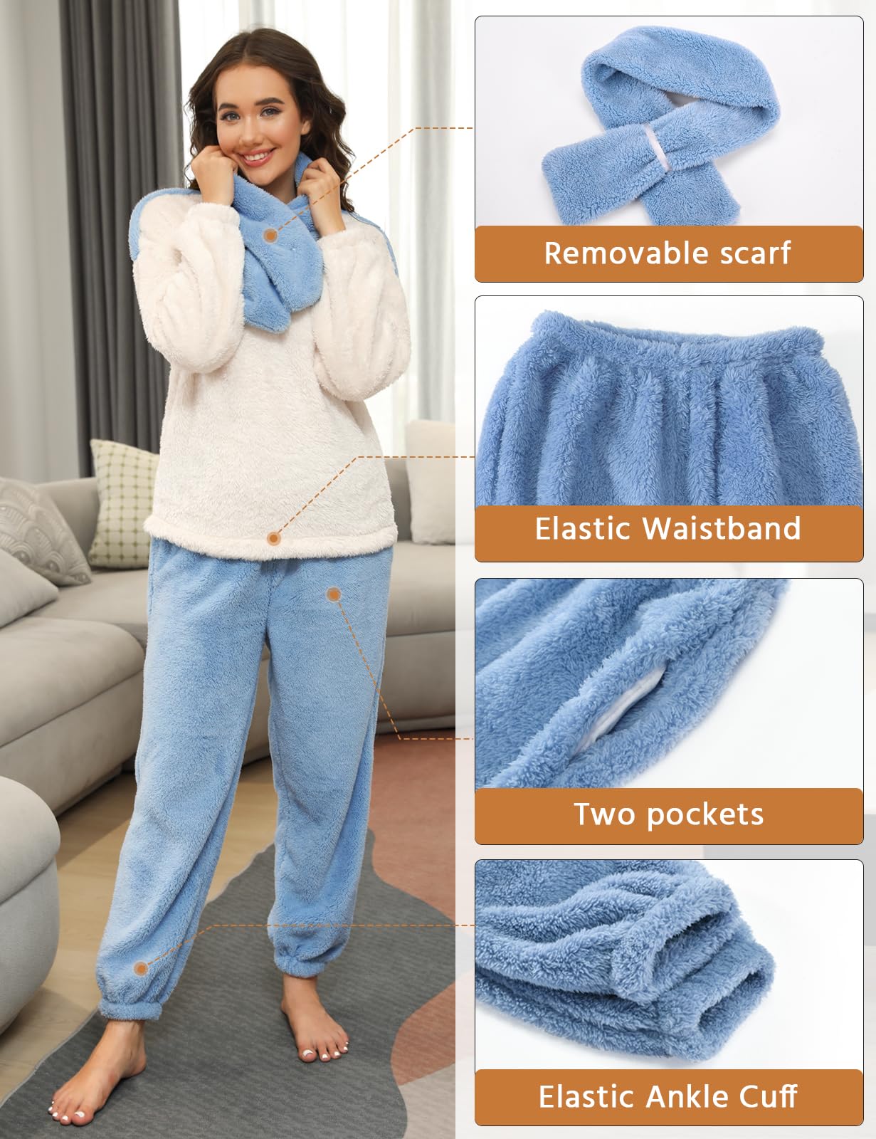 RITOSTA Pigiama Donna Invernale Felpato Pigiama Invernale in Pile Morbido Pigiami Stitch Lungo Pigiama Natalizio Tuta Termica Due Pezzi da Donna con Felpa Pile,Sciarpa,Pantalone