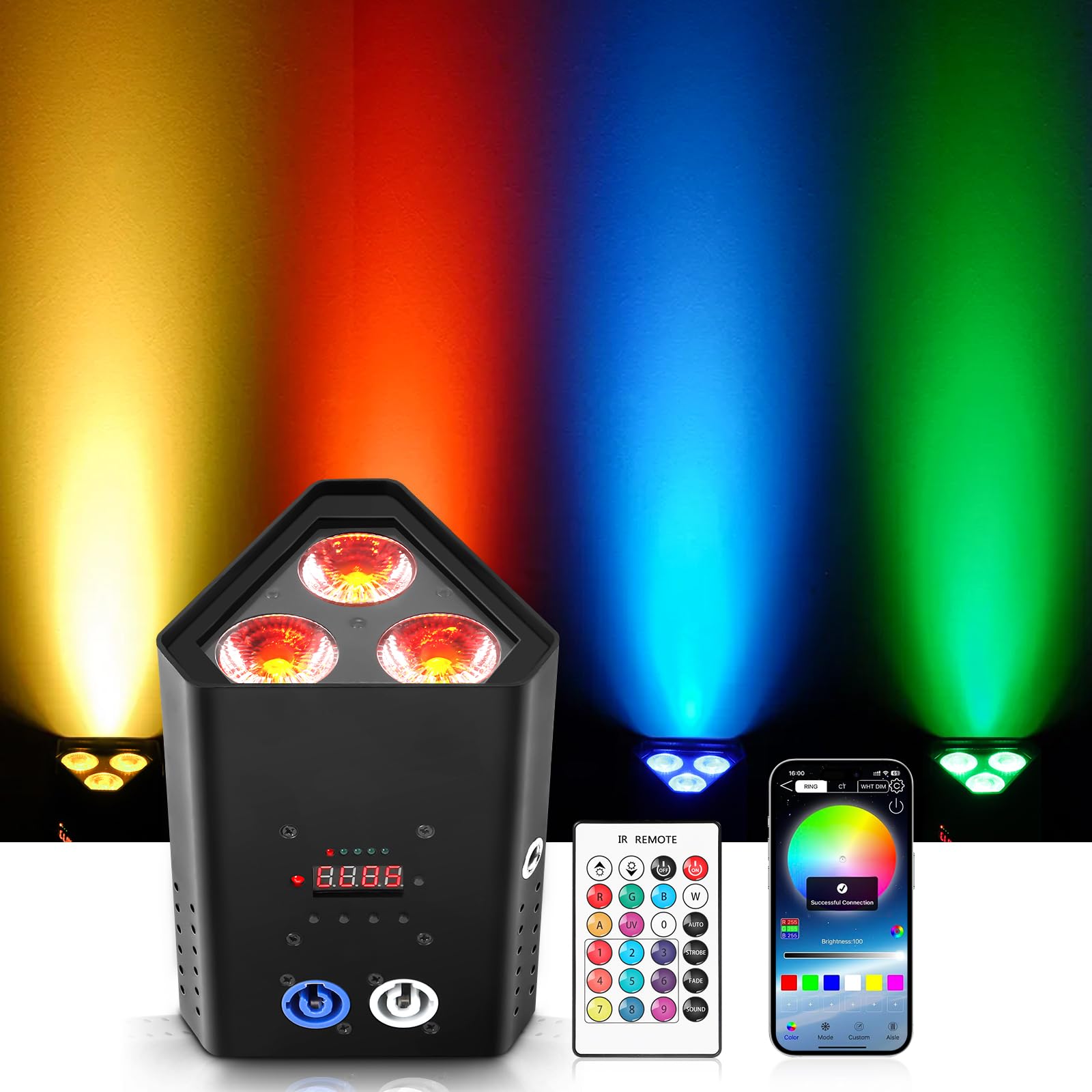 Batteria LED da 3 * 18W Par Light RGBW+UV Faretto da Palco Ricaricabile 6 in 1, Luce da Discoteca con Telecomando a Infrarossi/Wireless da 2,4 GHz/APP, Adatto per Palchi Festival