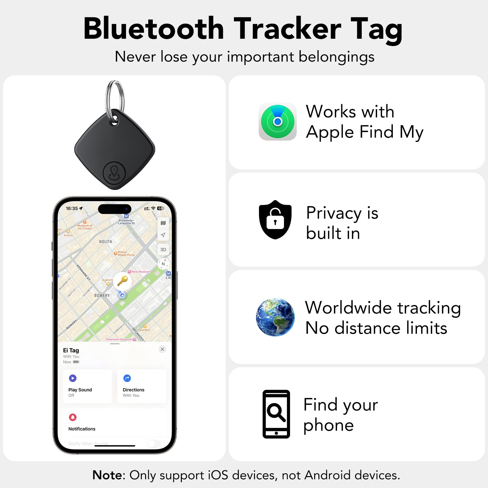 Air Tracker Tag 1 Pezzo, Smart Tracker Compatibile con Apple Dov'è (Solo iOS), Localizzatore con Cordino/Portachiavi, Trova Oggetti per Valigie/Chiavi/Bagagli/Portafogli, IP67, Batteria Sostituibile