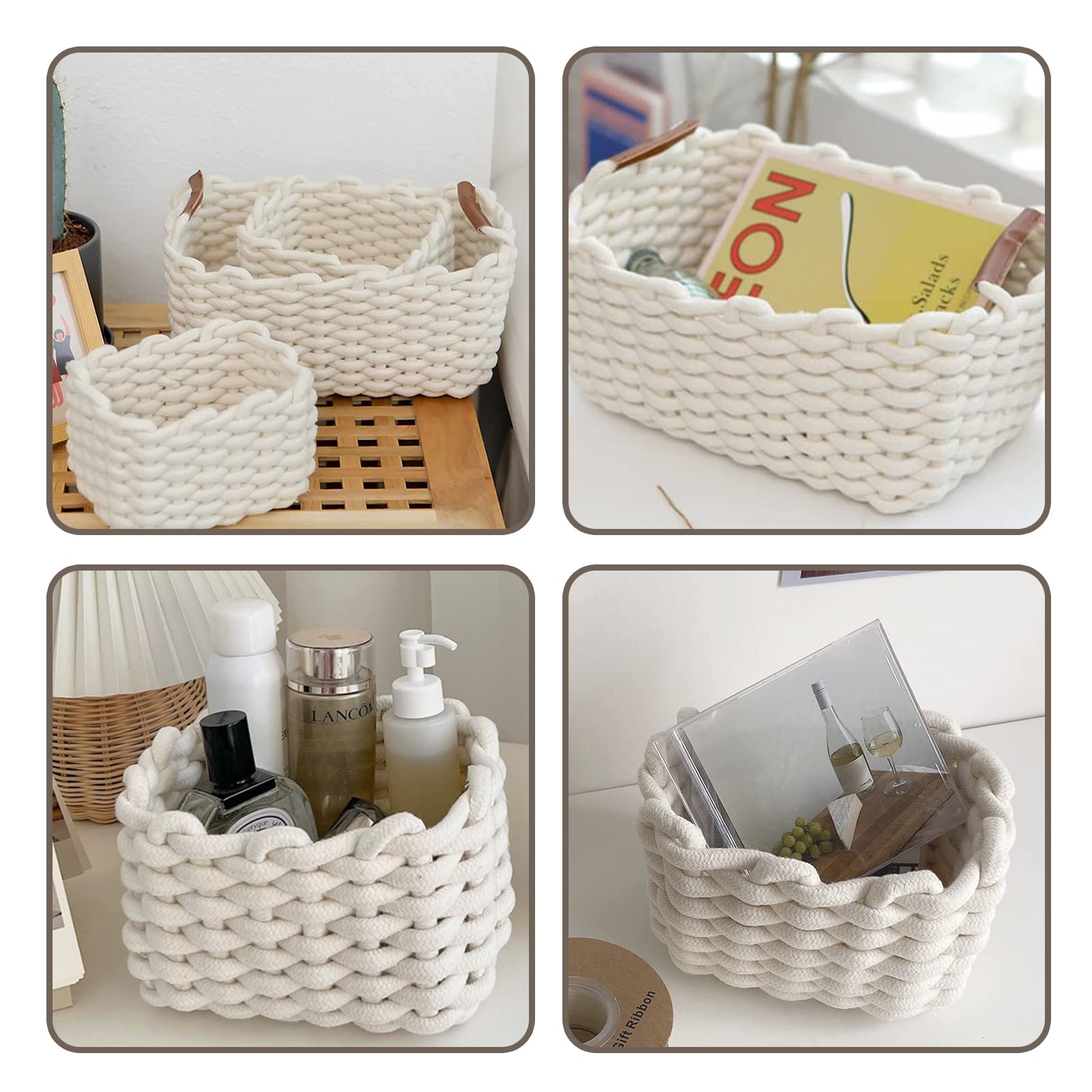 Aufbewahrungskörbe,Packung 3 Aufbewahrungskorb Bad mit Griffen,Aufbewahrungskorb Badezimmer, NatüRliche Aufbewahrungskorb Geflochten für Dekorative Babyzimmer Schlafzimmer Wohnzimmer - Weiß
