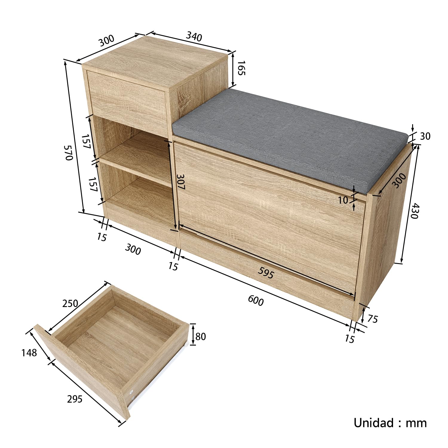 SONNI Banco Zapatero con Asiento Mueble Zapatero Entrada Recibidor Madera Moderno 94.5x30x57cm