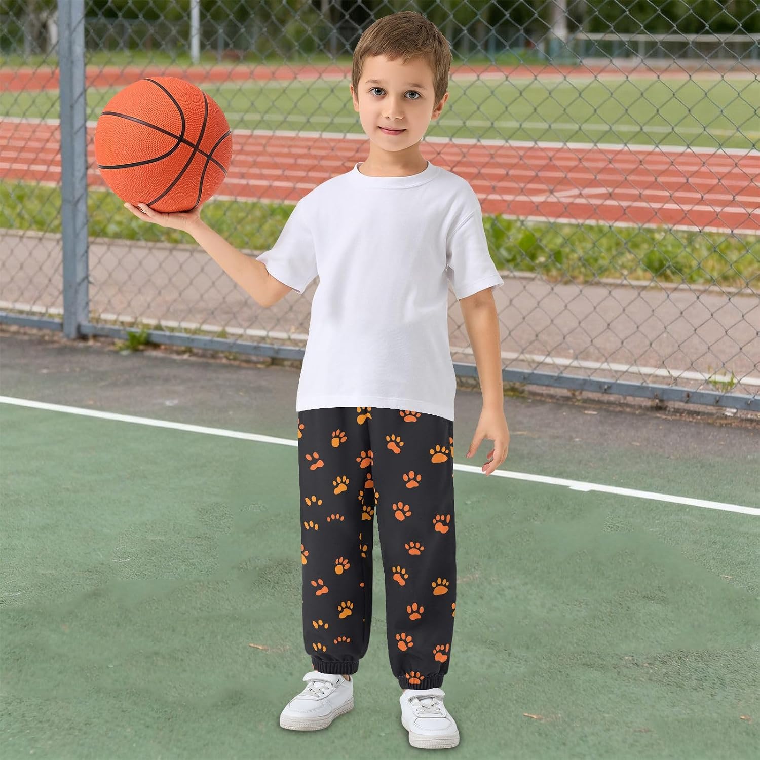 Boy Sweatpants Orange Cat Dog Paw Print Joggers Casual Athletic Pants Kids Elastic Waist Cuffed with Pockets