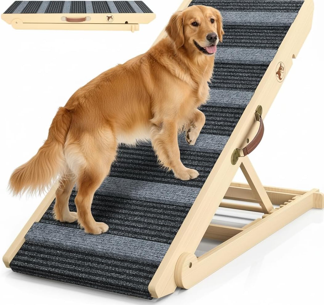 REONEY 2026 Upgraded Adjustable Dog Ramp: 7 Heights 11"-26.6", 200 lbs Capacity, Non-Slip for Senior Dogs, Beds, Couches, Cars