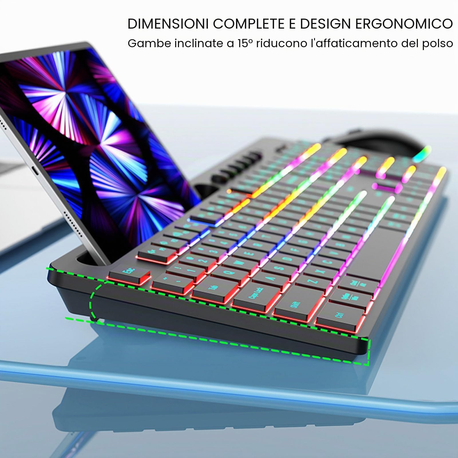 Tosuny Tastiera Wireless e Combo del Mouse, 2,4 G di Tasti Retroilluminati RGB 115 con Tampone Numerica, con Supporto per Tablet di Telefono, Ricaricabile, 6 Tasti 3 - Mouse DPI per PC