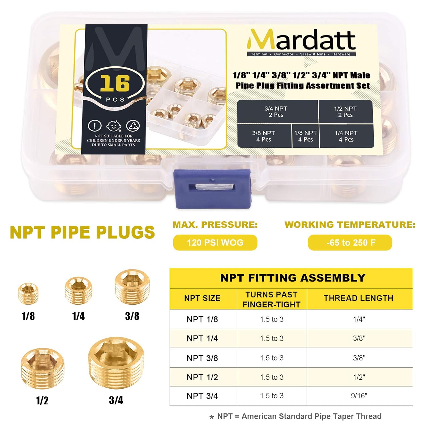 16Pcs 5 Sizes Brass NPT Plug Assortment Kit, 1/8" 1/4" 3/8" 1/2" 3/4" Internal Hex Counter Sunk Pipe Fitting Male Thread Pipe Plug Set