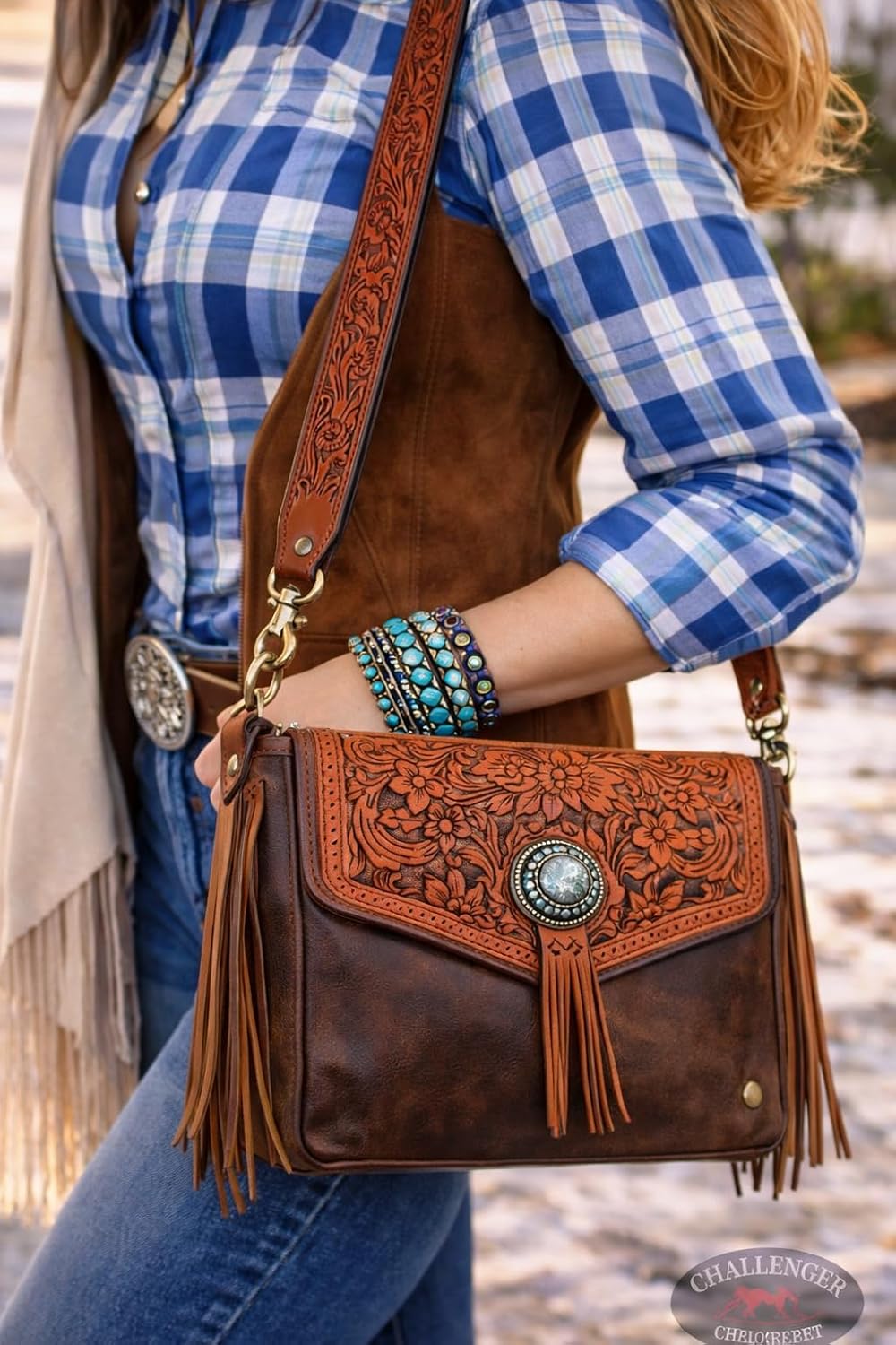 CHALLENGER Western Floral Tooled Brown Leather Replacement Shoulder Purse Strap 115RS22