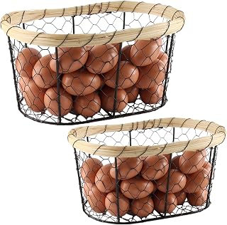 Gdfjiy Set of 2 Farmhouse Egg Baskets for Gathering Fresh Egg, Oval Metal Chicken Basket Egg Collecting Holder, Wire Basket for Organizing, Vintage Style for Kitchen Pantry Countertop