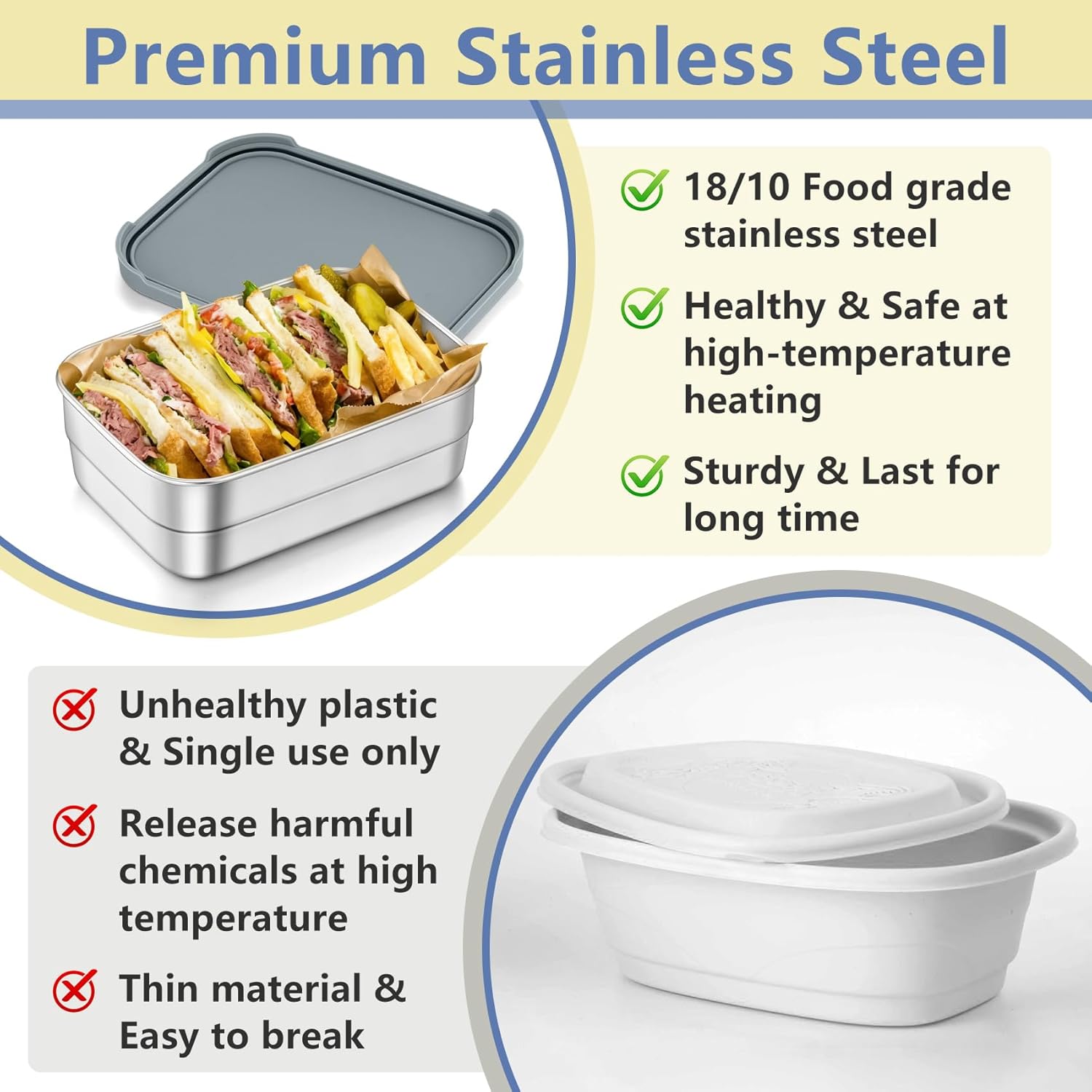 TeamFar Stainless Steel Lunch Box, Food Snack Storage Bento Containers with Silicone Lids for Kids Adults to School Work, Kids Friendly & Dishwasher Safe, Leak-Proof & Easy Open, 25OZ + 8OZ*2 (Grey) - Image 4