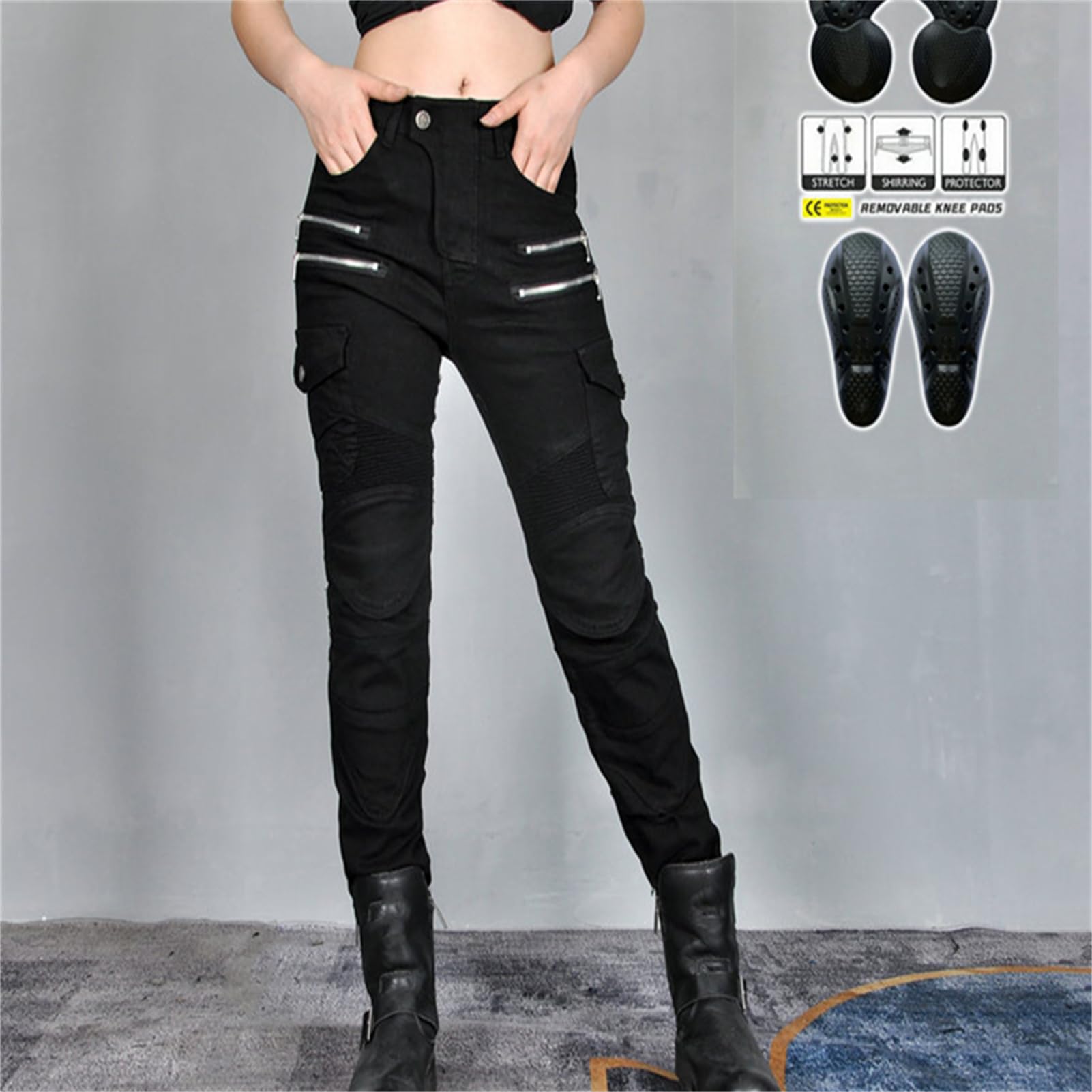 Damen Slim Fit Motorrad Jeans Mit Protektoren Knie Und Hüftprotektoren Stretch Slim Fit Denim Motorradhose Cargo Motorradjeans Schutzhose Biker Pants