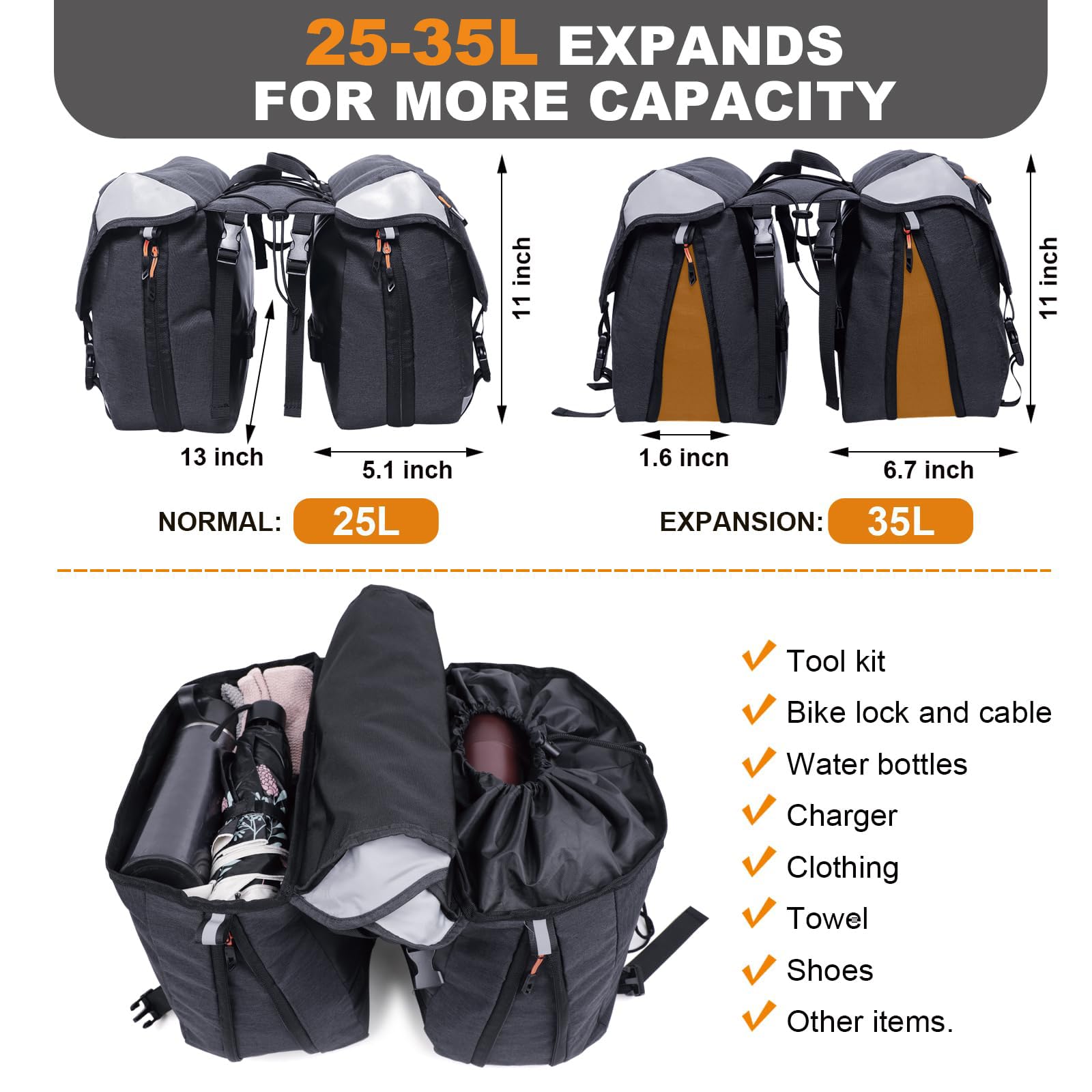 35L Alforjas Bicicleta Bolsa Alforjas Impermeables para Bicicleta, Bolsa de Portaequipajes con Cubierta Reflejante
