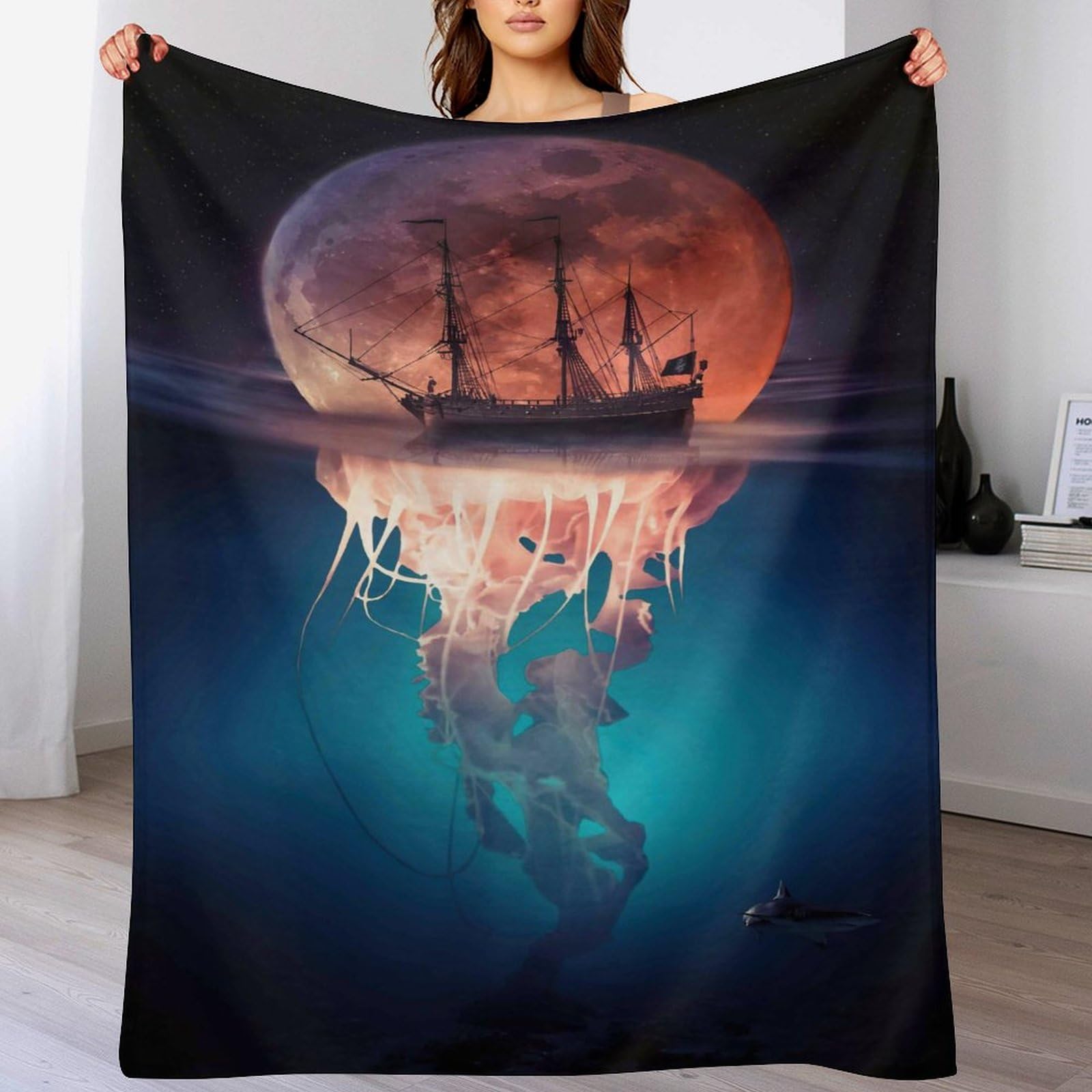 Couverture polaire Sea Pirate Moon Jellypoisson, plaid chaud et léger contre le froid