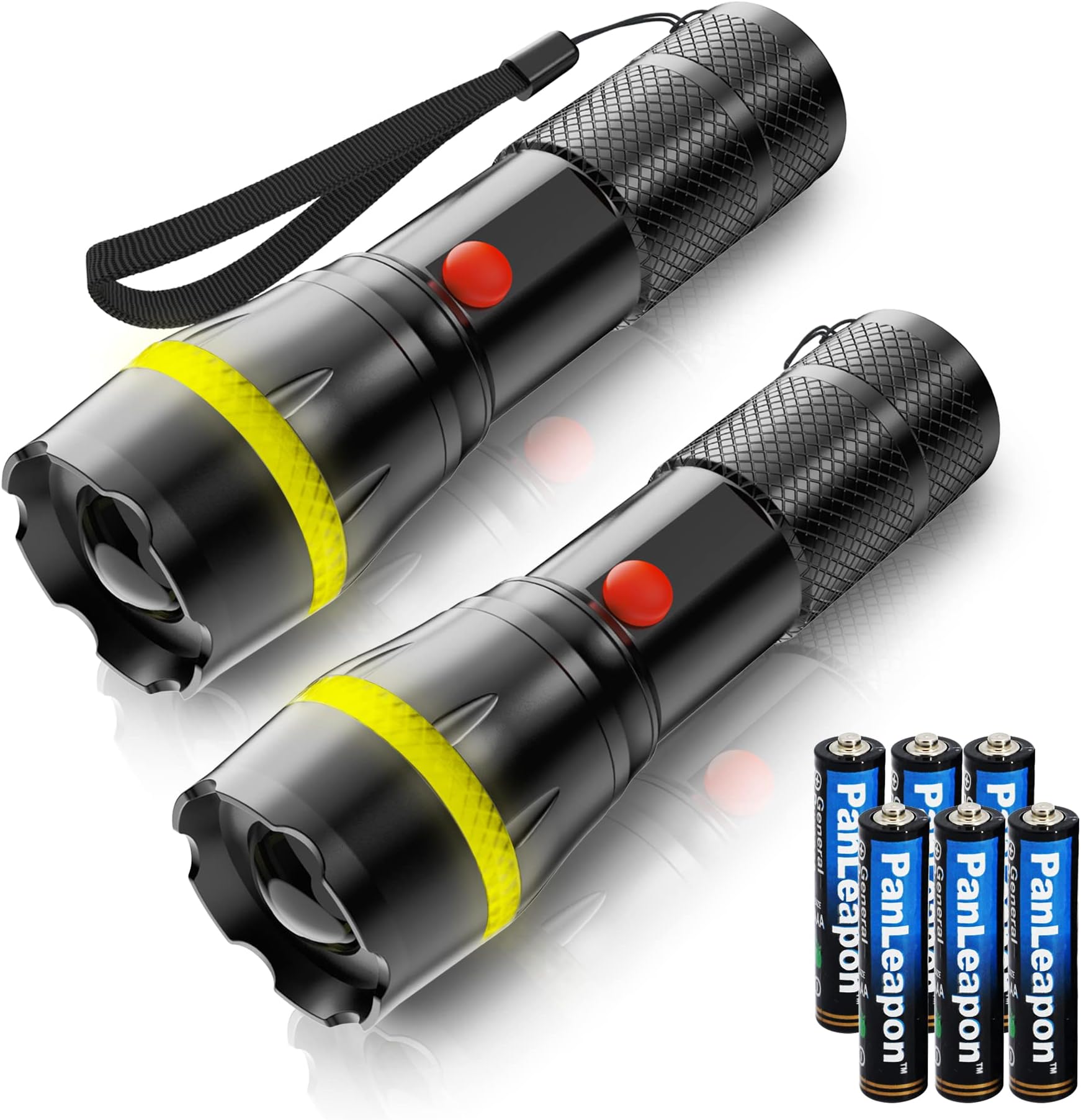Fulighture Torches 2-Pack, 600lm High Brightness Zoomable Small Torch with Yellow Ring for Kids, Home Indoor Lighting, Emergencies, Batteries Included