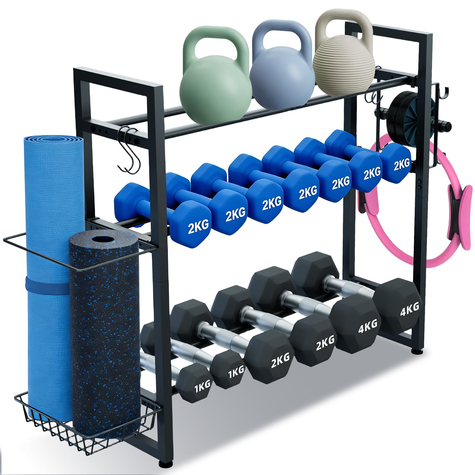 Soporte de pesas de 3 niveles, soporte ajustable para mancuernas con ganchos para almacenamiento de fitness en casa, peso de 390lbs, color negro