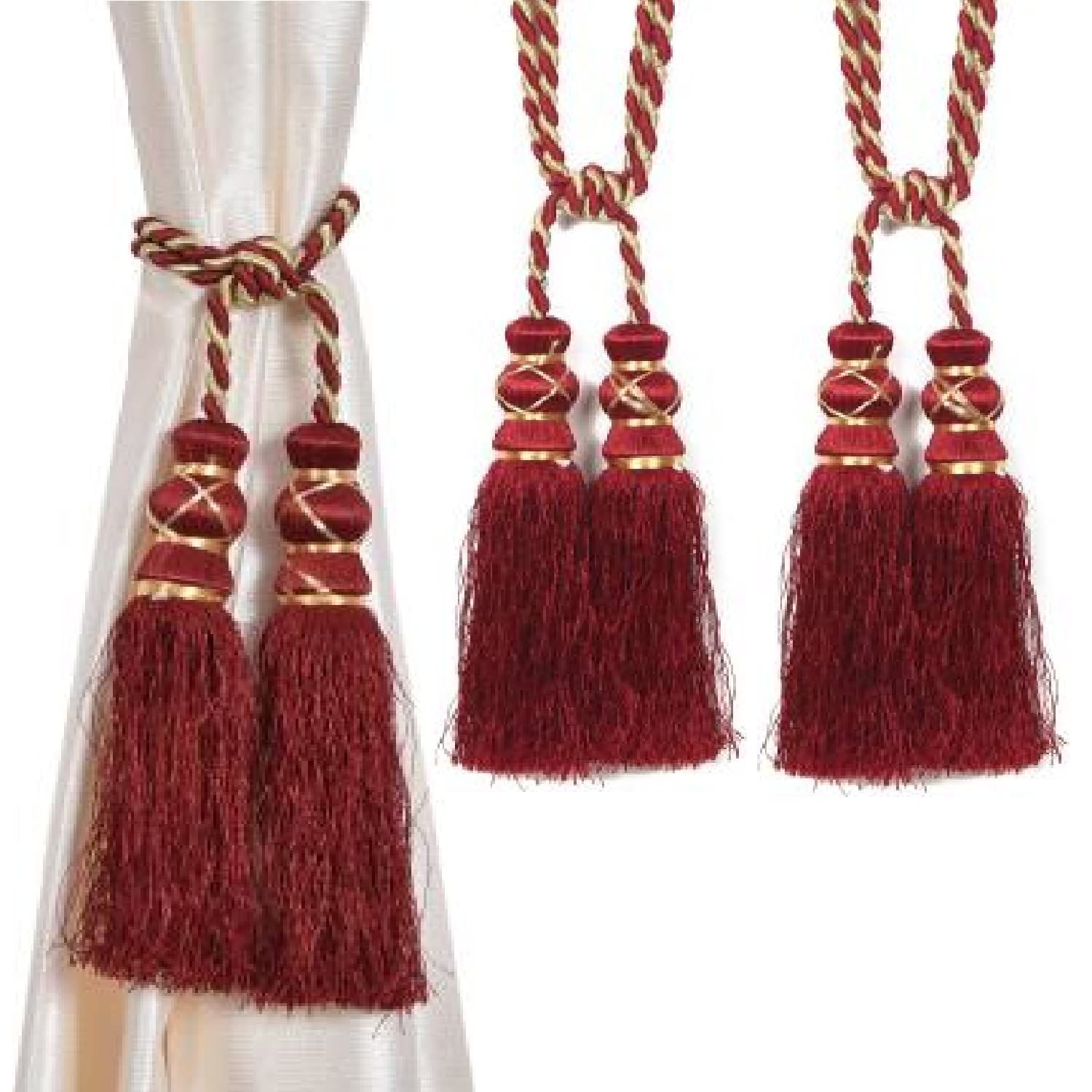 UNIQUELLA Curtain Tiebacks Tassel Tie-Backs, Rope Curtain tie Backs Handmade Curtain Hold-Backs Polyester 2 Pack - Maroon