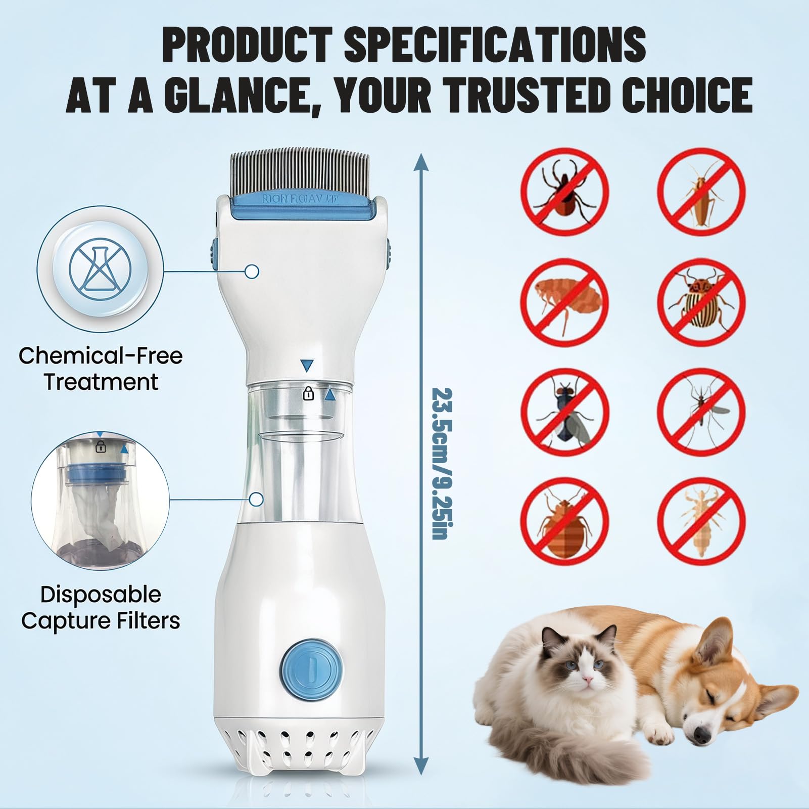Peigne à puces électrique pour chien avec 3 sacs filtrants pour chiens et chats, anti-puces et tiques