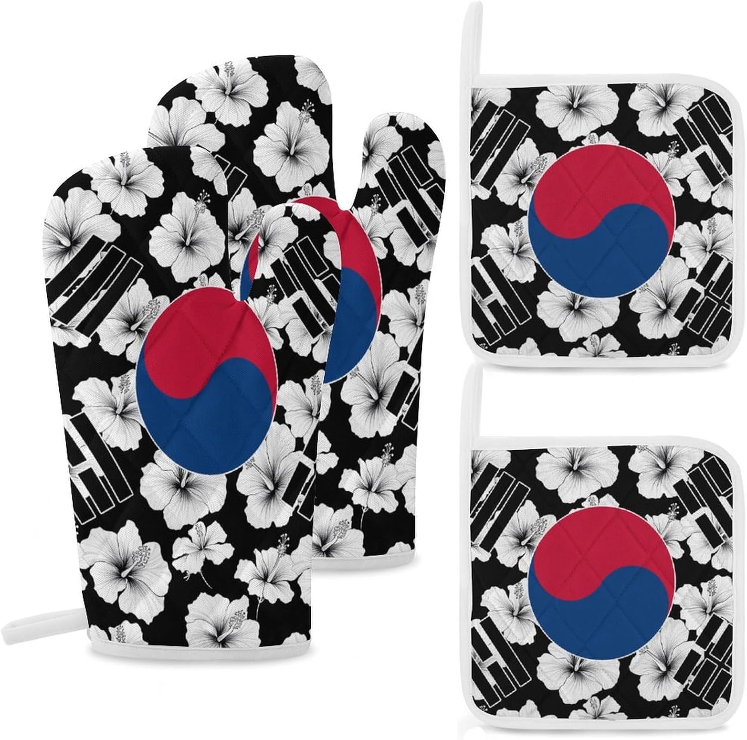 South Korea Korean Flag Hibiscus Flowers Oven Mitts and Pot Holders 4Pcs Set Heat Resistant Cooking Mitts Hot Pads