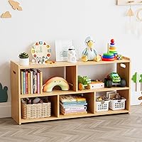 SpaceAid 5-Compartment Montessori Bookshelf for Toddlers - Wooden Bookcase Organizer, 44.5" Wide Natural Storage for Kids Room, Nursery, Playroom
