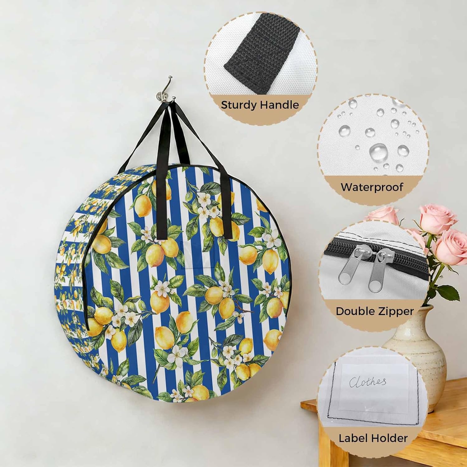 Storage Bag Floral Lemon Round Storage Totes Bins Closet Organizers with Zippers & Handle Fruit Leaves Blue Stripes Clothes Storage Container for Bedroom Dorm Space Saving Packing Supplies Moving Bags