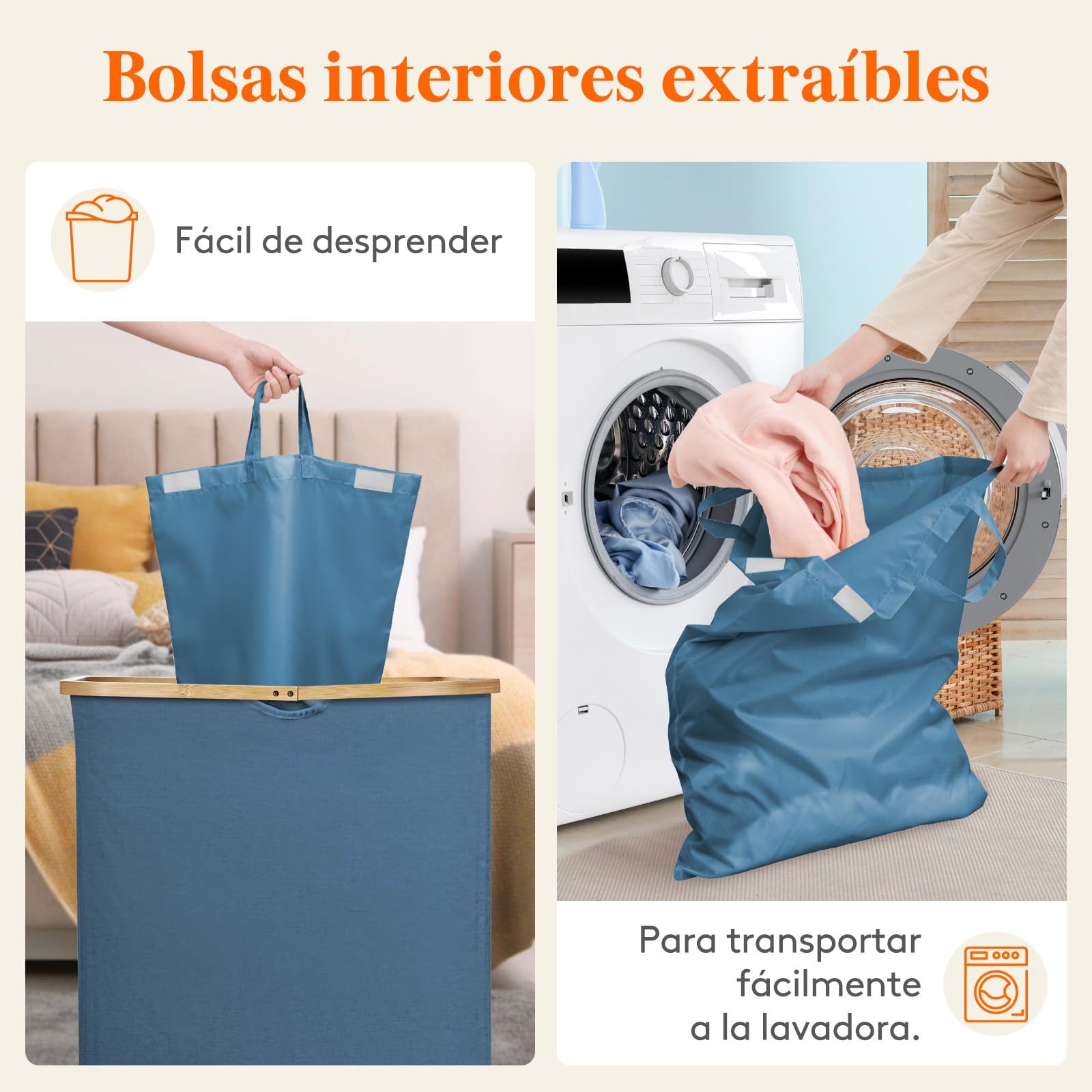 Lifewit 150L Cesto Ropa sucia con Tapa, Grande Cesto para la Ropa sucia, Cubo ropa sucia, 3 Compartimentos, clasificador de Ropa con Asas de bambú y 3 Bolsas para la colada extraíbles, Azul