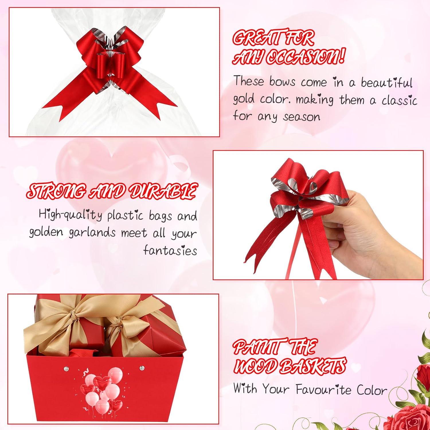 PerKoop 24 Pack Baskets for Gifts Empty Bulk 6.5 x 9.8'' Thick Kraft Gift Basket with Pull Bows Bags Empty Gift Basket for Easter Birthday Wedding Mother's Day Graduation Snack Farmers Market(Red)