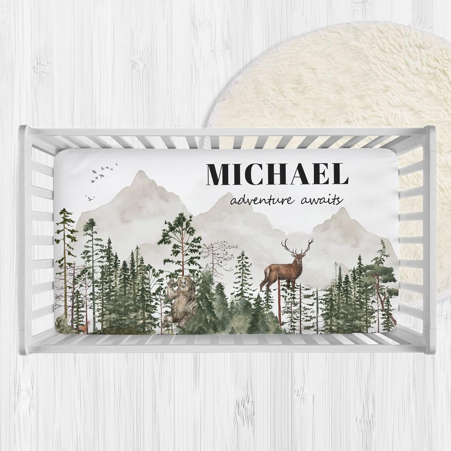 Personalized Woodland Deer Baby Crib Sheets with Name, Customized Crib Mattress Sheets for Baby Boys Girls, Fitted Crib Bedding Sheets, Pack and Play Sheets, Mini Crib Sheet | Name Crib Sheets