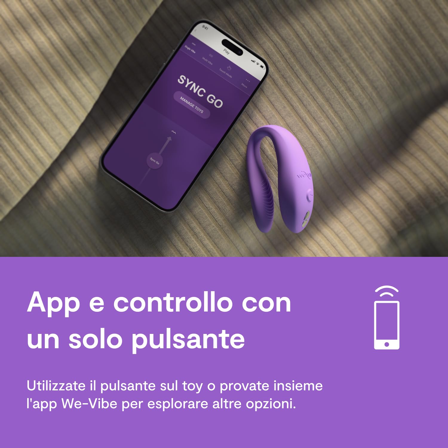 We-Vibe Sync Go Travel Edition Vibratore per Coppie | A Forma di C | Giocattolo Vibrante Indossabile per Coppie | Vibrazioni Condivise | Ricaricabile | Custodia da Viaggio | Porpora