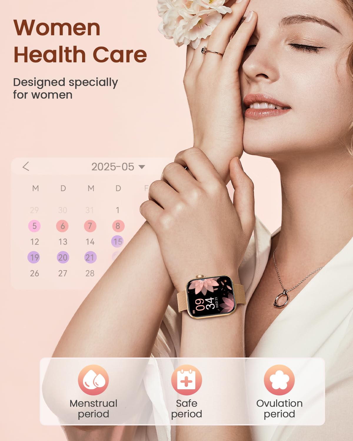 DEKELIFE Smartwatch Donna con Chiamate Bluetooth, 1,85'' HD Orologio con Fisiologia Feminile/SpO2/Sonno/Cardiofrequenzimetro, 100+ Sportive Fitness, Impermeabile IP68 Contapassi per Android iOS Oro