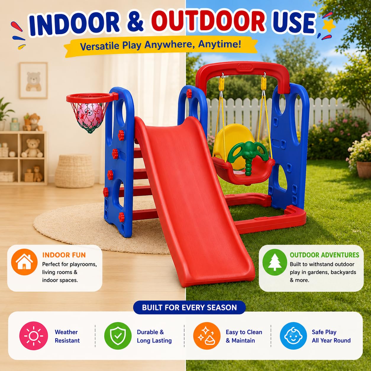 Zippy Zoo 3-in-1 Kids Slide & Swing Set with Basketball Hoop