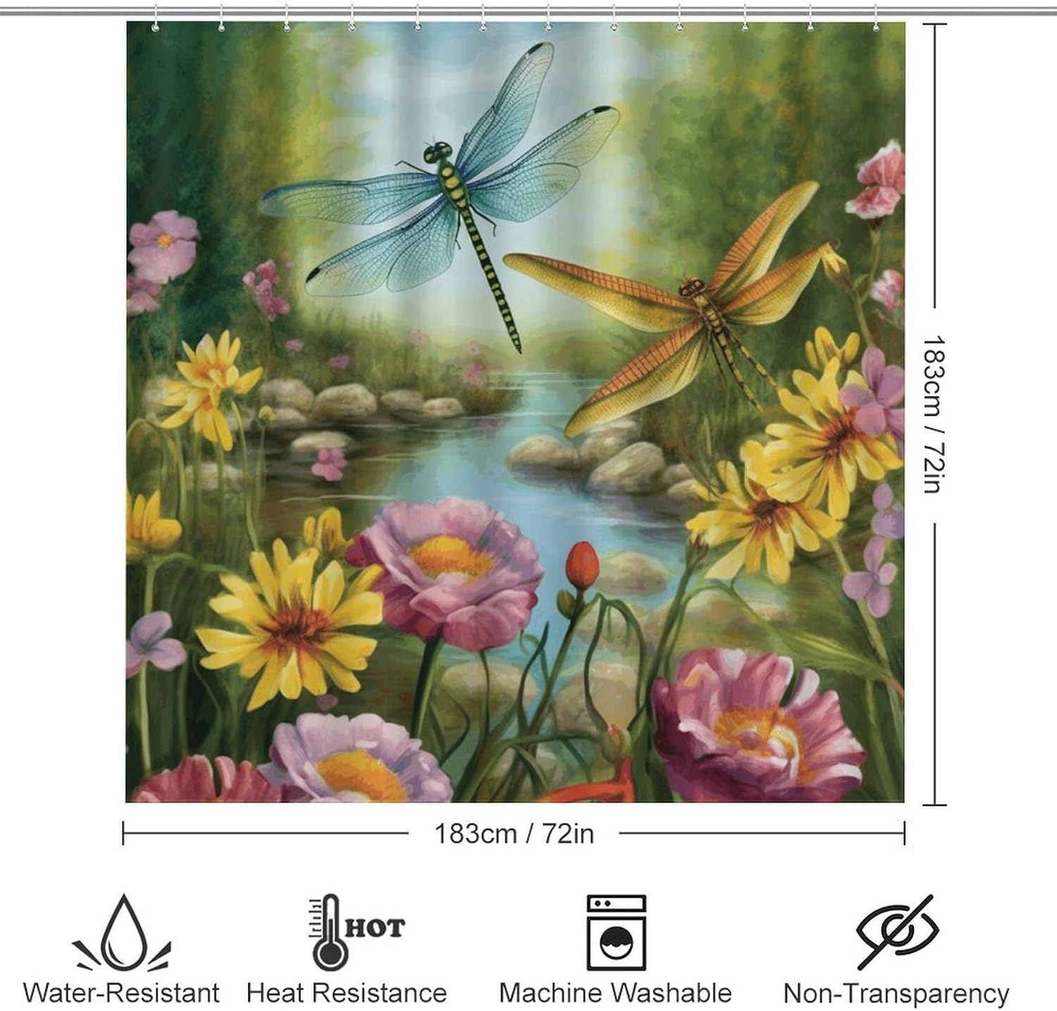 Dragonfly Garden Spring 4Pcs Shower Curtain Set with Non-Slip Rugs, Toilet Lid Cover and Bath Mat,Bathroom Set Decor Accessories,Curtain Set with 12 Hooks, 72 X 72 Inch