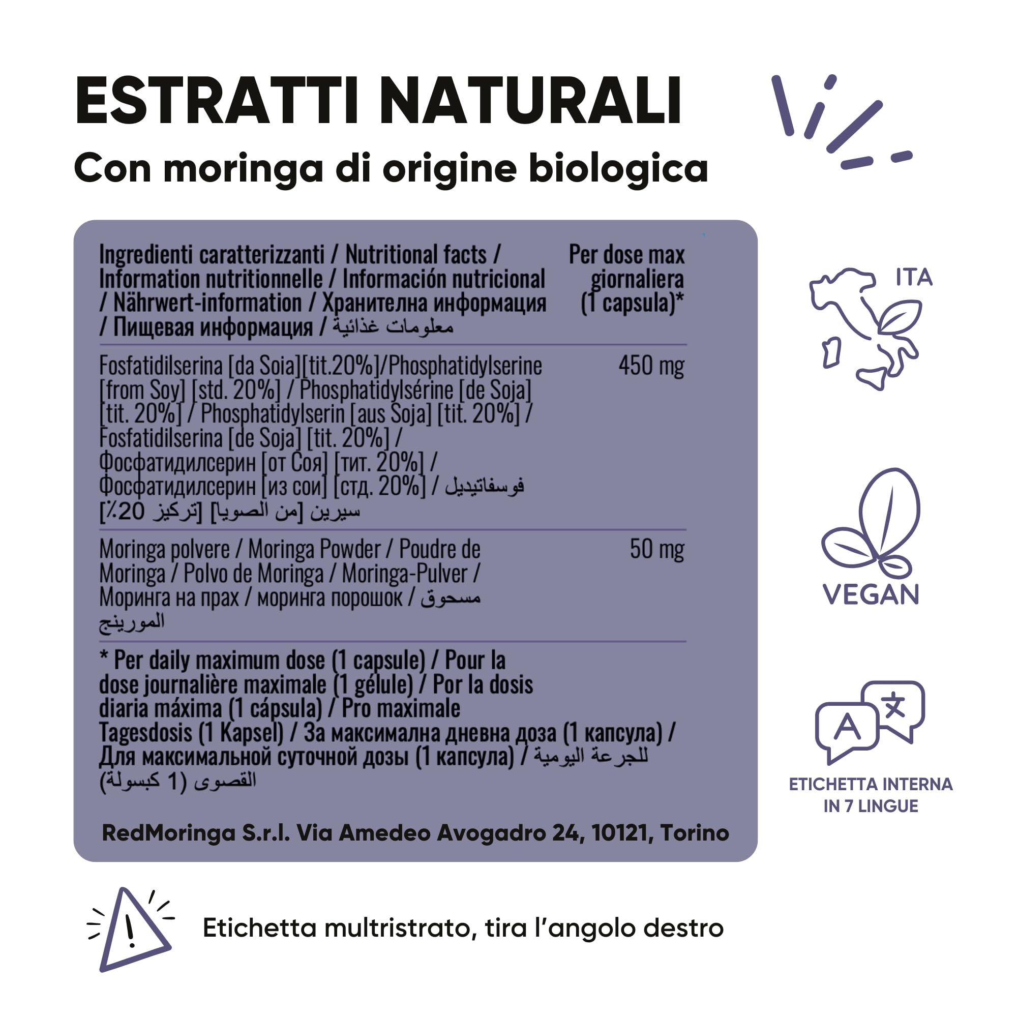 Fosfatidilserina 450mg potenziata con Moringa | Abbassa CORTISOLO, Utile per Stress, Metabolismo, Memoria e Concentrazione | Integratore Alimentare | 180 Capsule Naturali Made in Italy | RedMoringa
