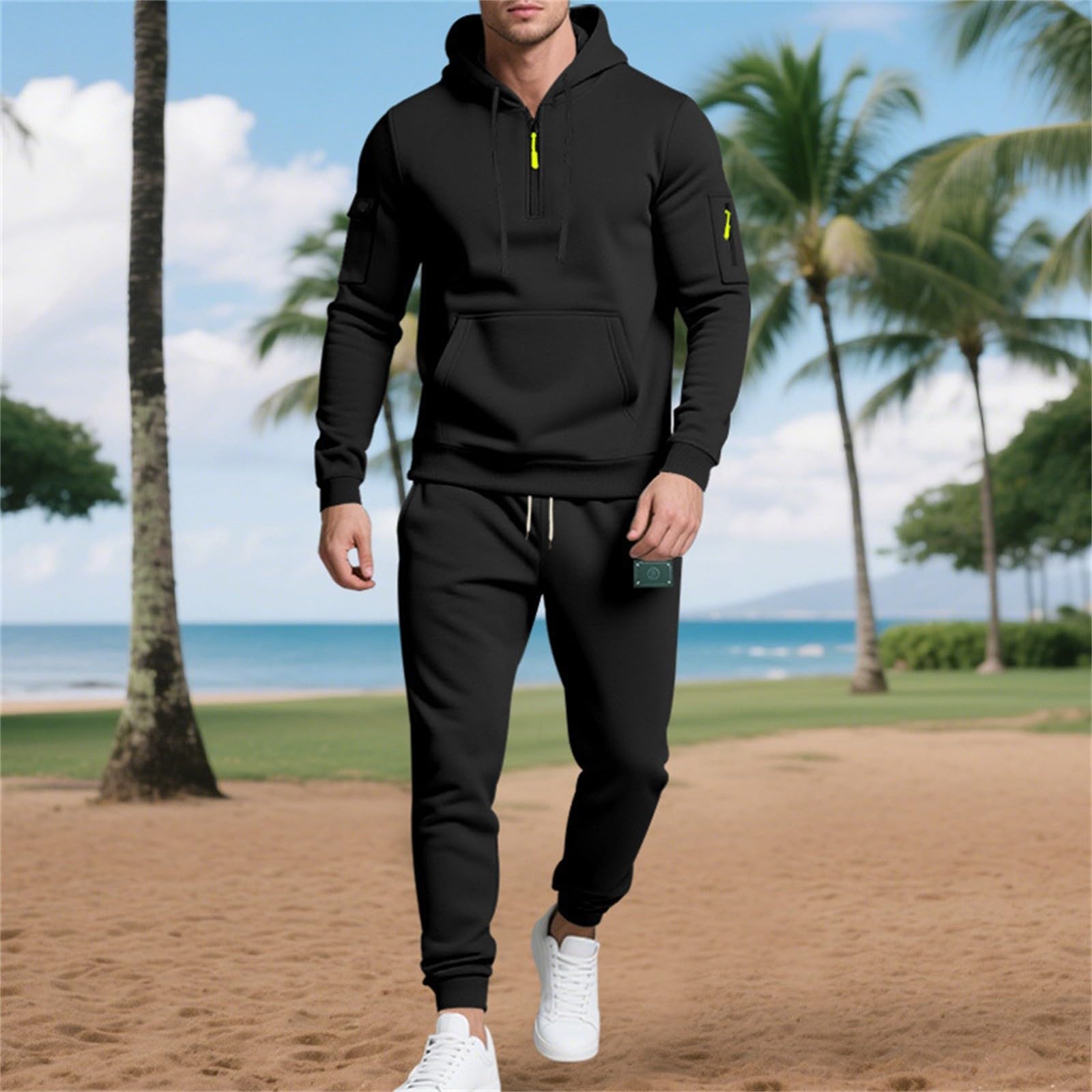 Conjunto completo de chándal deportivo de manga larga para hombre | Sudadera deportiva cómoda con capucha y pantalones deportivos, ropa deportiva ligera con bolsillo, conjuntos casuales