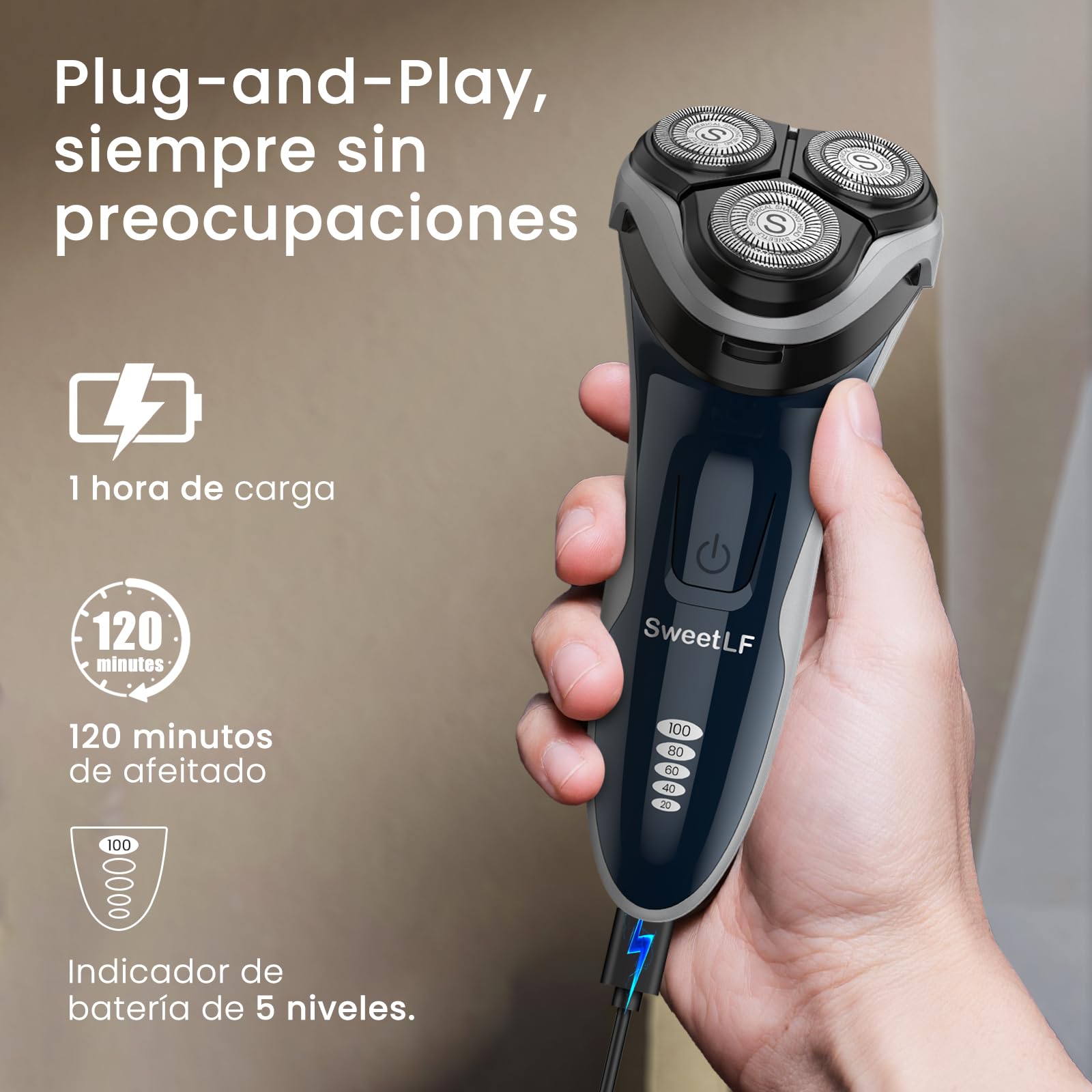 SweetLF [2024 NUEVO] Afeitadora Eléctrica Hombre, Uso en Húmedo y Seco, Maquina de Afeitar Recargable con Tecnología Impermeable IPX7, Afeitadora Electrica Barba con Pantalla LED