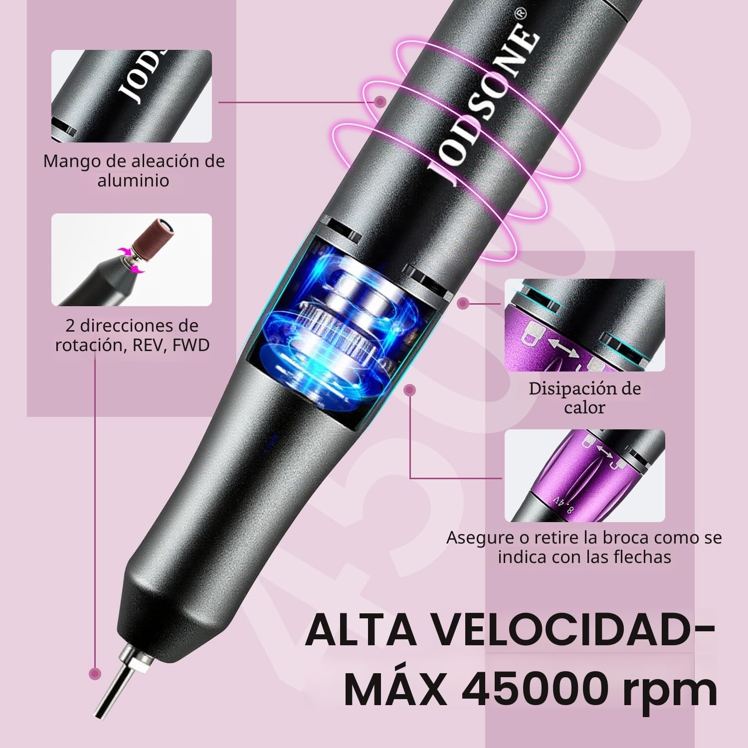 JODSONE Taladro de uñas profesional, 45000 rpm, lima de uñas recargable para la eliminación de gel de uñas, silencioso, portátil para uso en casa y salón