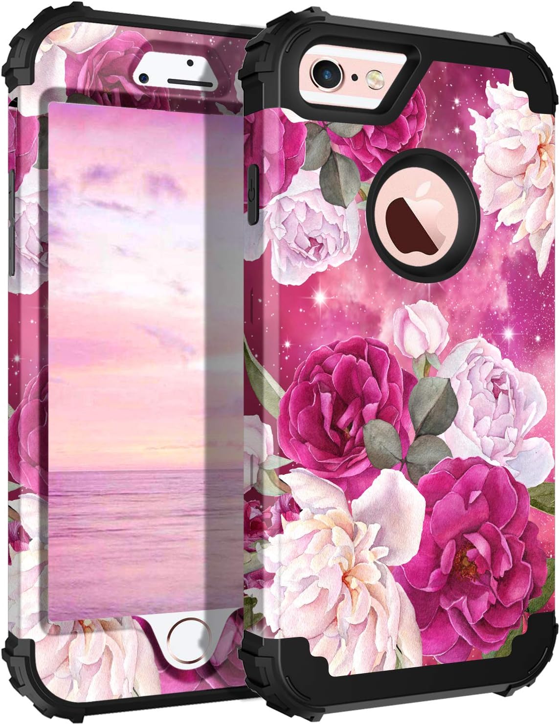 Casetego Compatible with iPhone 6S Case,iPhone 6 Case,Floral Three Layer Heavy Duty Hybrid Sturdy Shockproof Protective Cover Case for Apple iPhone 6S/6,Rose Red/Black